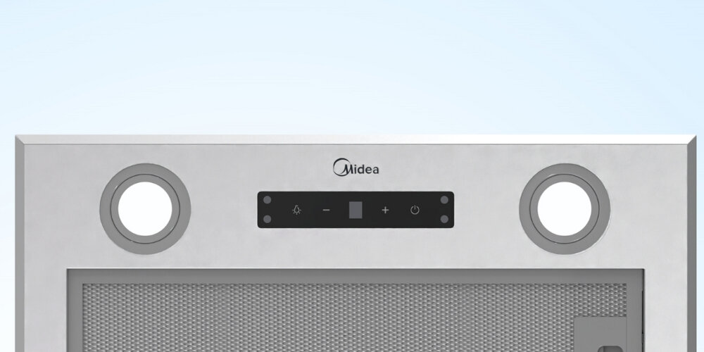 Okap MIDEA MH52T01ET22SG wizualizacja widok od dołu panel sterowania logo filtr światło cztery poziomy prędkości proste sterowanie jednym przyciskiem