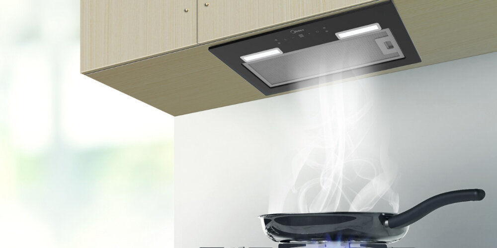 Okap MIDEA MH52BI3200X-ES wizualizacja palnik gaz patelnia opary zaciąganie Wysoka moc odciągu usuwanie zapachów tłuszczu pary wydajna praca