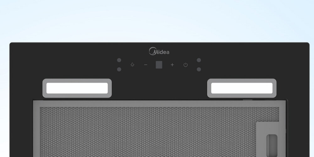 Okap MIDEA MH52BI3200X-ES wizualizacja panel od dołu logo trzy poziomy prędkości tryb cichy Maksymalna wydajność wygodna obsługa