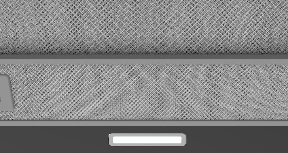 OKAP MIDEA MH60L07EM22BB Fotografia prezentuje zbliżenie na metalowy filtr okapu kuchennego. U dołu kadru widoczne jest wbudowane oświetlenie LED światło oświetlenie LED Energooszczędne jasne