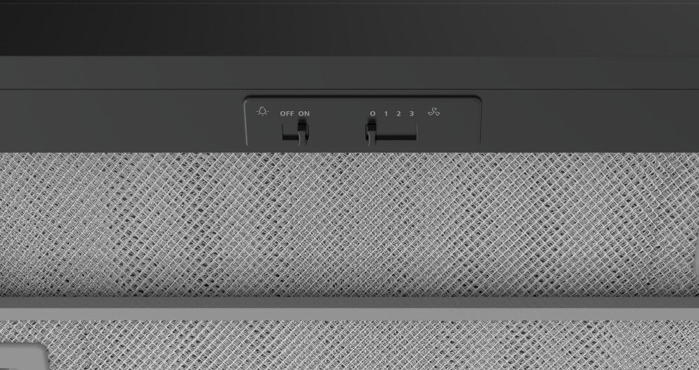 OKAP MIDEA MH60L07EM22BB Zdjęcie przedstawia zbliżenie na panel sterowania okapu kuchennego. Widać przełączniki odpowiedzialne za oświetlenie i regulację mocy wyciągu. 3 poziomy prędkości moc suwak regulacja