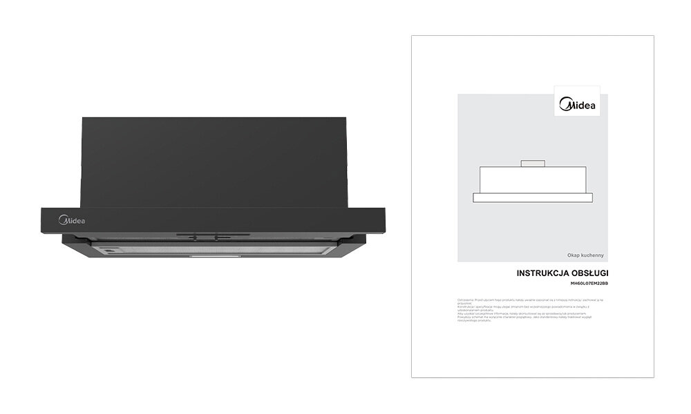 OKAP MIDEA MH60L07EM22BB Zdjęcie przedstawia czarny okap kuchenny marki Midea ukazany z przodu. Obok znajduje się instrukcja obsługi urządzenia w formie graficznej broszury. dokumentacja okap zestaw Zawartość