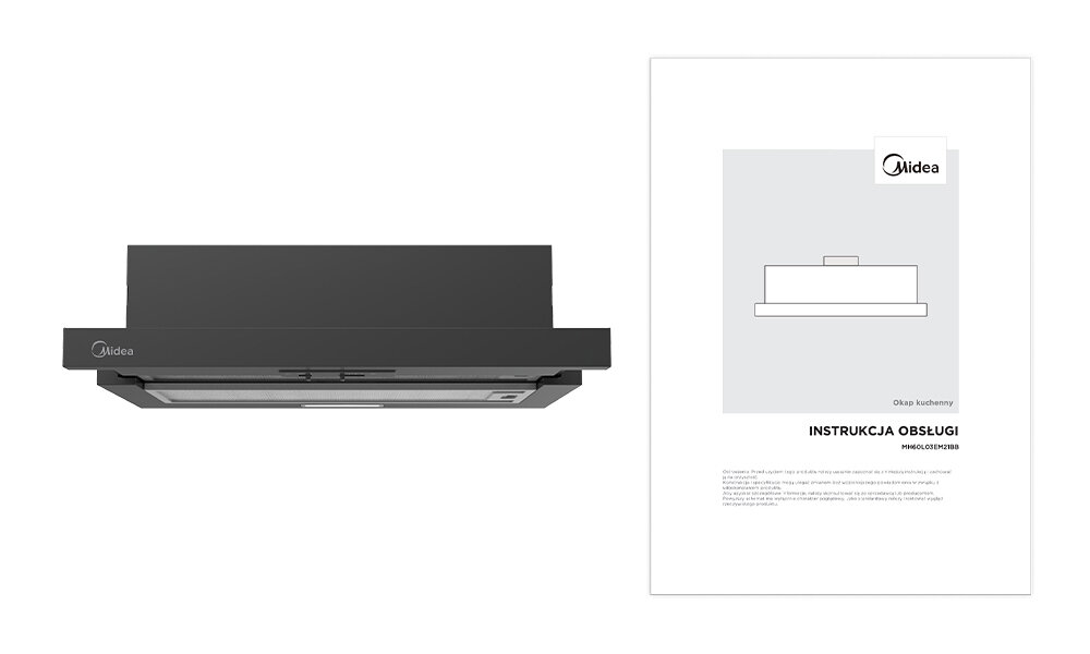 OKAP MIDEA MH60L03EM21BB Zdjęcie przedstawia czarny okap kuchenny marki Midea ukazany z przodu. Obok znajduje się instrukcja obsługi urządzenia w formie graficznej broszury. dokumentacja okap zestaw Zawartość