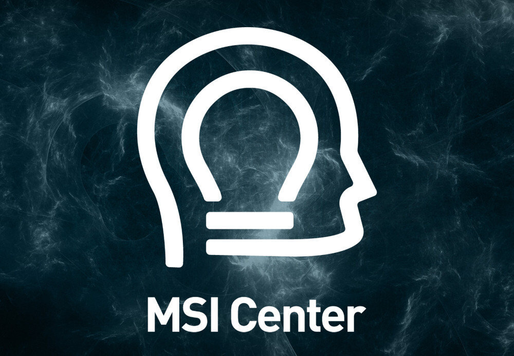 Logo aplikacji MSI Center z ikoną słuchawek i ludzkiej głowy na ciemnym marmurowym tle, oprogramowanie do zarządzania laptopami i komponentami MSI - aplikacja funkcje