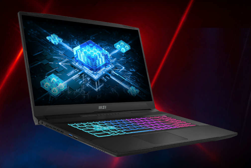 Laptop gamingowy MSI z podświetlaną klawiaturą RGB w kolorach niebieskim i fioletowym, ekran wyświetlający futurystyczny procesor z niebieskimi kostkami danych na ciemnym tle z czerwonymi efektami świetlnymi - procesor moc przeznaczenie cechy