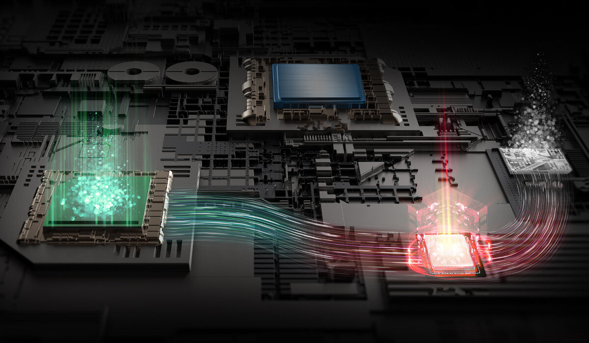 Schemat płyty głównej laptopa MSI z procesorami i układami scalonymi połączonymi kolorowymi liniami danych - zielonymi i czerwonymi - pokazujący przepływ informacji między komponentami - przełącznik MUX dostosowanie
