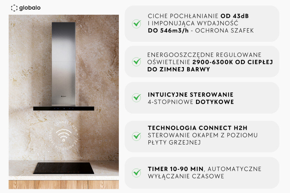 Na obrazie widoczny jest okap kuchenny zamontowany na ścianie z kamienia, z logo \'globalo\' w lewym górnym rogu. Obok znajdują się informacje o produkcie: \'CICHE POCHŁANIANIE OD 43dB I IMPONUJĄCA WYDAJNOŚĆ DO 546m3/h - OCHRONA SZAFEK\', \'ENERGOOSZCZĘDNE REGULOWANE OŚWIETLENIE 2900-6300K OD CIEPŁEJ DO ZIMNEJ BARWY\', \'INTUICYJNE STEROWANIE 4-STOPNIOWE DOTYKOWE\', \'TECHNOLOGIA CONNECT H2H STEROWANIE OKAPEM Z POZIOMU PŁYTY GRZEJNEJ\', \'TIMER 10-90 MIN, AUTOMATYCZNE WYŁĄCZANIE CZASOWE\'.