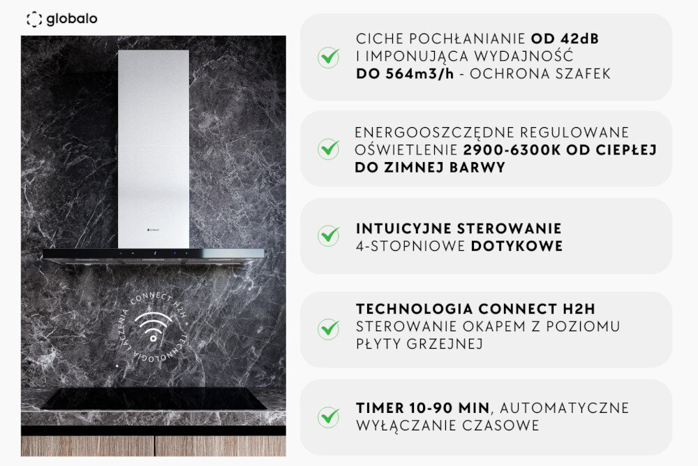 Obraz przedstawia okap kuchenny na tle marmurowej ściany z logo \'globalo\'. Po prawej stronie znajdują się informacje o produkcie: \'Ciche pochłanianie od 42dB i imponująca wydajność do 564m3/h - ochrona szafek\', \'Energooszczędne regulowane oświetlenie 2900-6300K od ciepłej do zimnej barwy\', \'Intuicyjne sterowanie 4-stopniowe dotykowe\', \'Technologia Connect H2H sterowanie okapem z poziomu płyty grzejnej\', \'Timer 10-90 min, automatyczne wyłączanie czasowe\'.