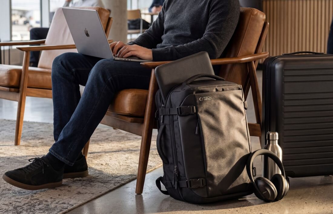 Osoba nosi plecak TECH-PROTECT Defender-S40 na plecach podczas codziennego użytkowania w mieście, prezentując lekką konstrukcję i minimalistyczny design  