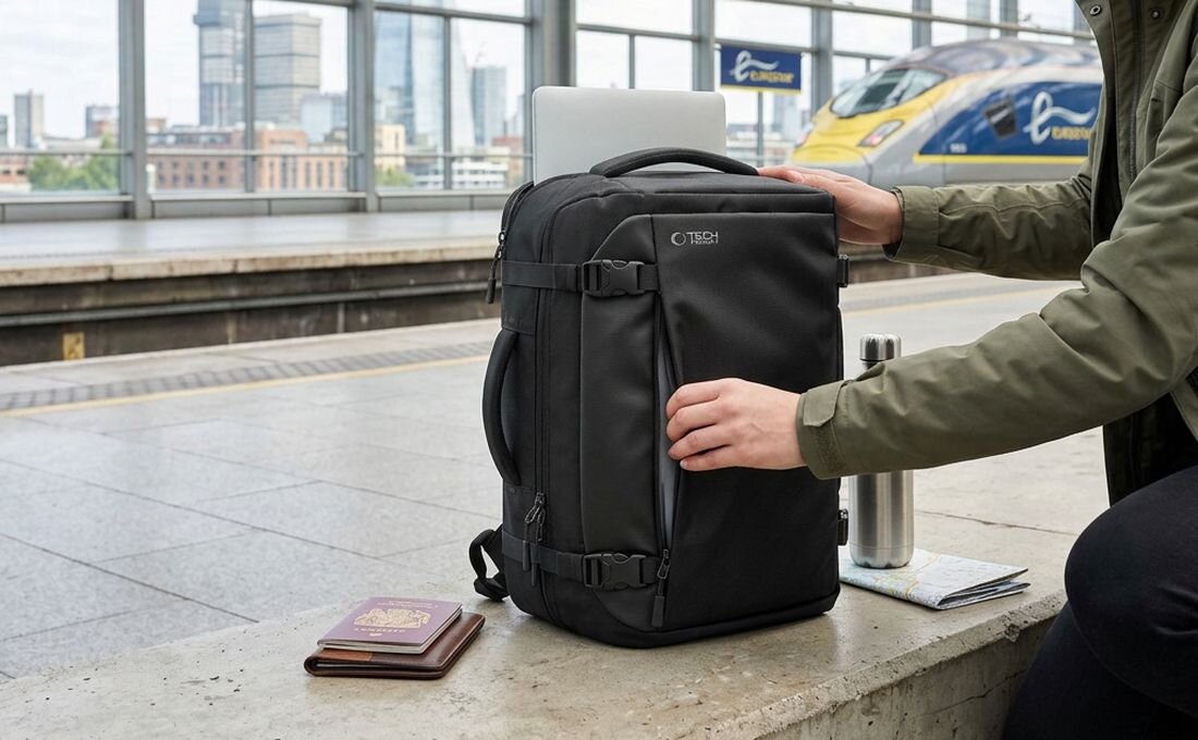 Plecak TECH-PROTECT Defender-S40 otwarty pokazuje przegrodę na laptop i kieszenie organizacyjne podczas pakowania sprzętu do pracy zdalnej - OCHRONA LAPTOPA 