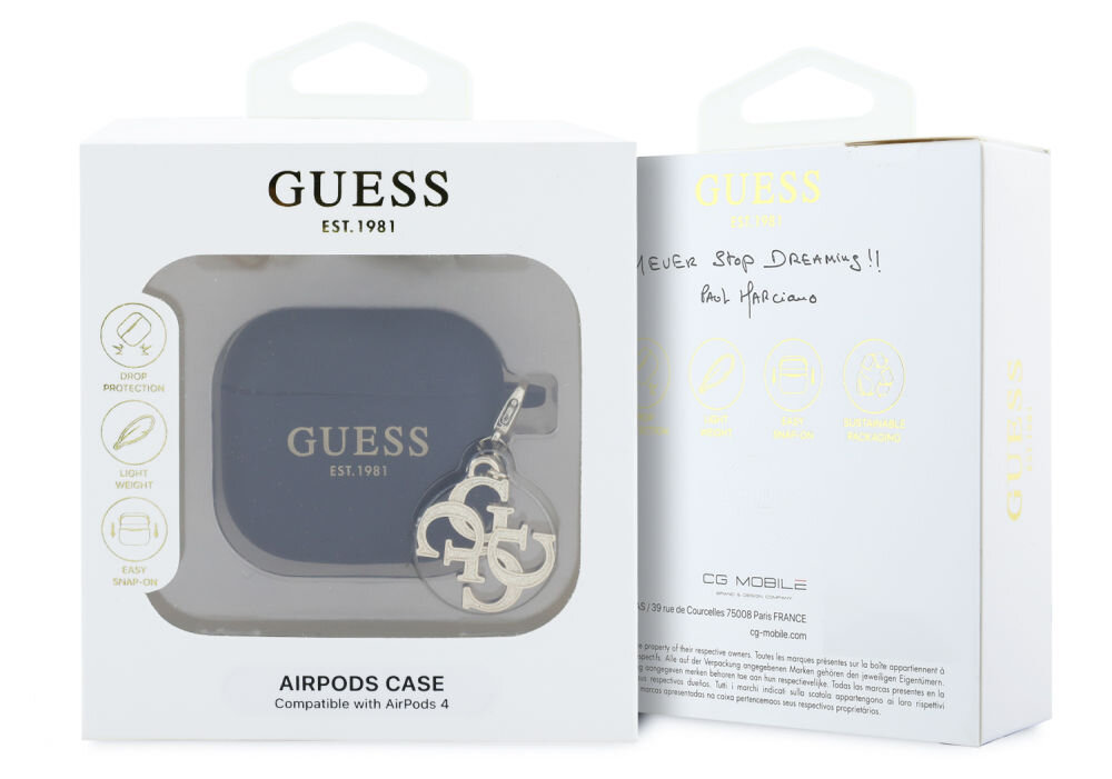 Opakowanie etui na słuchawki GUESS z widocznym czarnym etui i metalowym brelokiem z logo. Na opakowaniu widnieje napis \'GUESS EST.1981\' oraz \'AIRPODS CASE Compatible with AirPods 4\'.