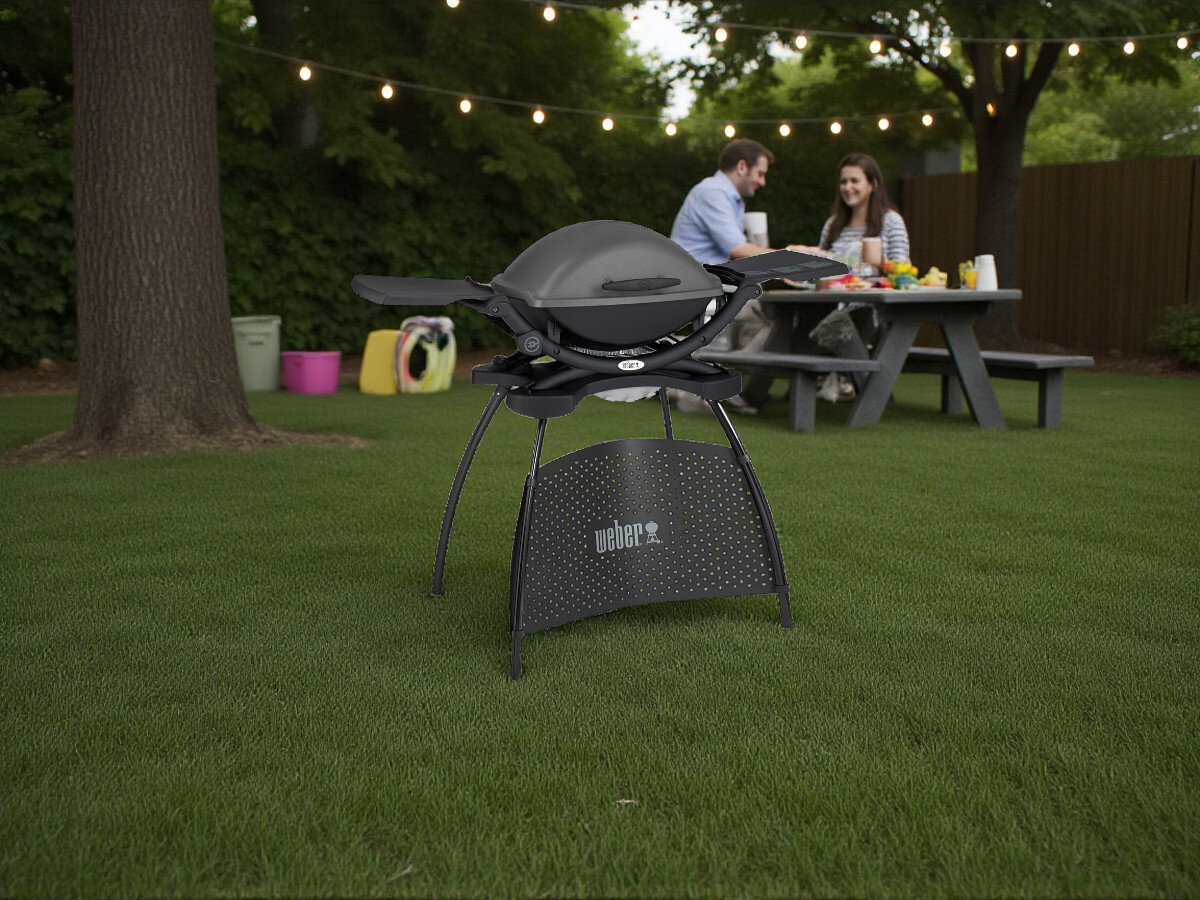 Grill elektryczny WEBER Q 1400 52020879 ze stojakiem, gotowanie, grillowanie, składanie, stojak, Grill elektryczny Weber Q 1400 ze stojakiem na trawniku, w tle para przy stole piknikowym.