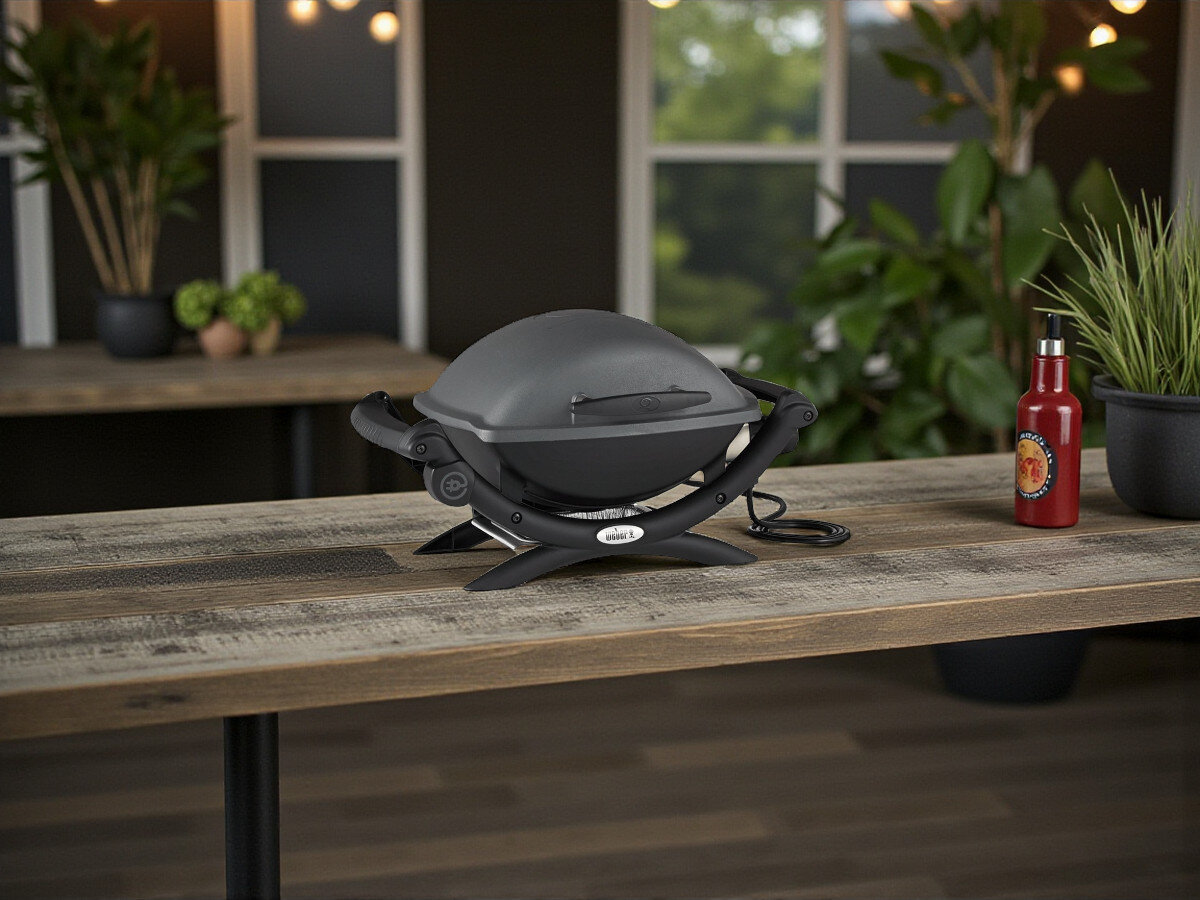 Grill elektryczny WEBER Q 1400 52020879 ze stojakiem, grill ze stojakiem, stabilność, wygodne grillowanie, taras, Grill Weber Q 1400 bez stojaka, ustawiony na drewnianym stole w aranżacji wnętrza, otoczenie z roślinami.