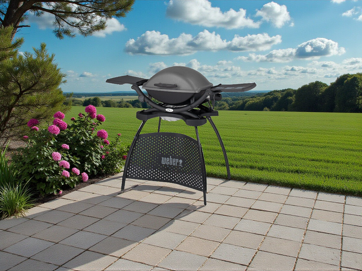 Grill elektryczny WEBER Q 1400 52020879 ze stojakiem, regulacja temperatury, precyzja, kontrola, wygoda, Grill Weber Q 1400 Stand ustawiony na tarasie wśród kwiatów, widok na dolinę i niebo.