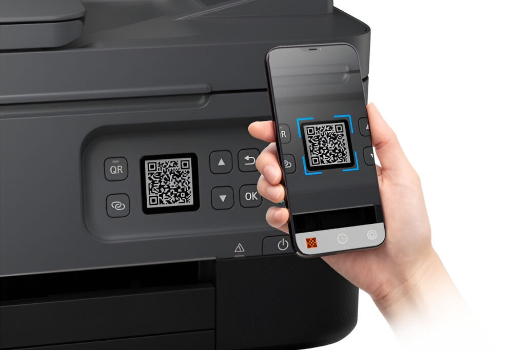 Urządzenie wielofunkcyjne CANON Pixma TS7450i Druk w kolorze, Automatyczny druk dwustronny, Wi-Fi telefon skanujący kod QR w tle urządzenie wyświetlające kod ułatwienie pierwszego uruchomienia skanowanie kodu QR smartfonem automatyczny proces łączenia i ustawień