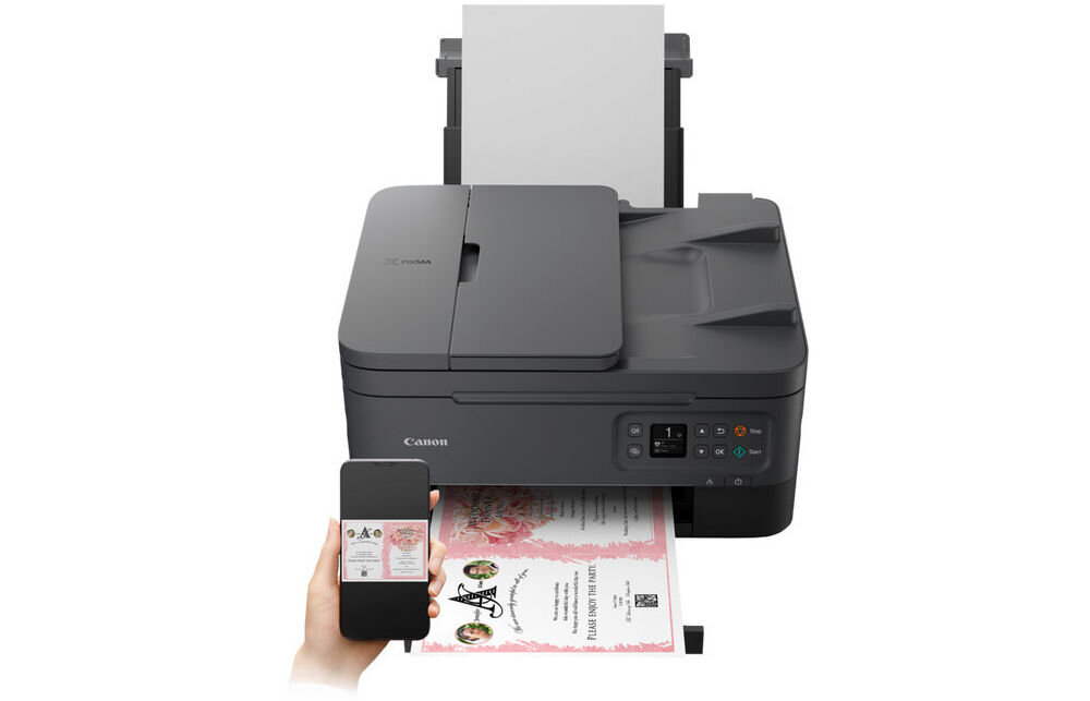 Urządzenie wielofunkcyjne CANON Pixma TS7450i Druk w kolorze, Automatyczny druk dwustronny, Wi-Fi urządzenie od przodu na białym tle ręka trzymająca telefon prędkość funkcje zmiana rozmiaru automatyczne dopasowanie do strony kopiowanie wielokrotne sortowanie ADF skalowanie ułatwienie edycji dokumentów