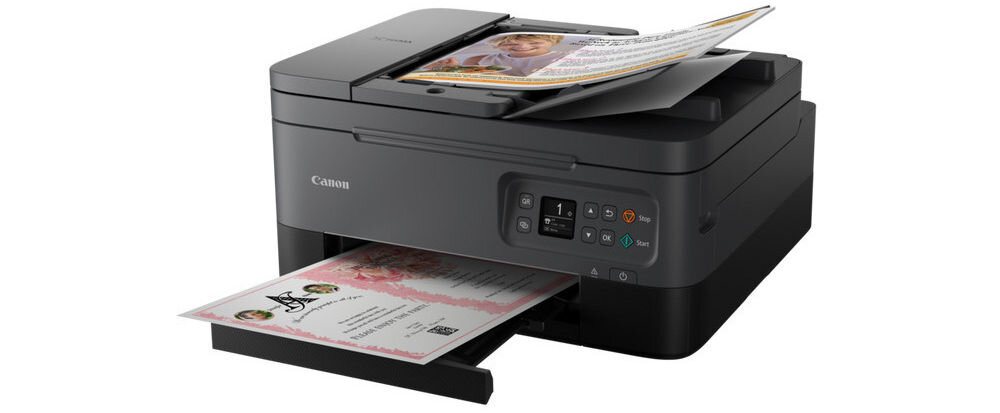 Urządzenie wielofunkcyjne CANON Pixma TS7450i Druk w kolorze, Automatyczny druk dwustronny, Wi-Fi prezentacja urządzenia na białym tle pod kątem technologia FINE dwie kasety wyraźne teksty żywe barwy prosty proces przygotowywania wydruków oszczędność czasu