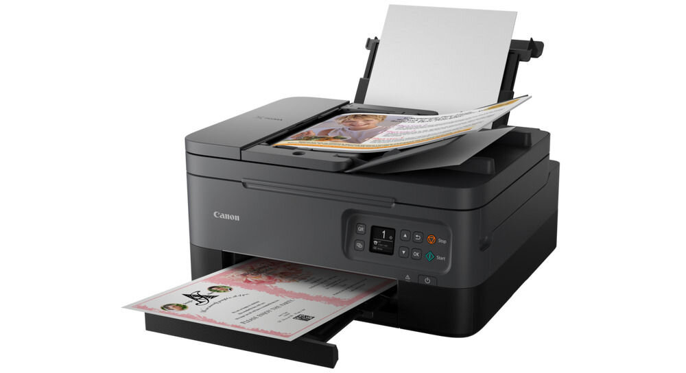 Urządzenie wielofunkcyjne CANON Pixma TS7450i Druk w kolorze, Automatyczny druk dwustronny, Wi-Fi  prezentacja urządzenia pod kątem na białym tle prędkość druku kolor monochromatyczny odbitki wymiary pamiątkowe albumy