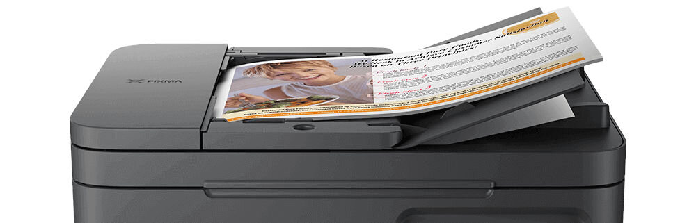 Urządzenie wielofunkcyjne CANON Pixma TS7450i Druk w kolorze, Automatyczny druk dwustronny, Wi-Fi  zbliżenie na górną część urządzenia ADF automatyczny podajnik dokumentów pojemność eliminacja konieczności ręcznego układania każdej strony na szybie skanera oszczędność czasu