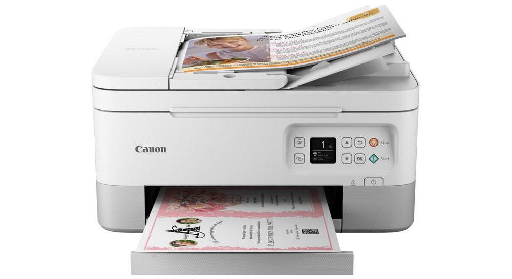 Urządzenie wielofunkcyjne CANON Pixma TS7451i Druk w kolorze, Automatyczny druk dwustronny, Wi-Fi  prezentacja urządzenia pod kątem na białym tle ręka wyciągająca kartkę druk dwustronny duplex obniżenie kosztów redukcja zużycia papieru