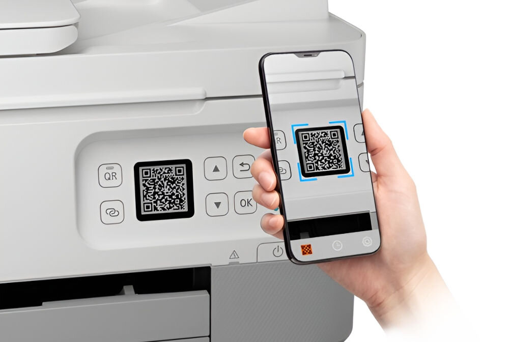 Urządzenie wielofunkcyjne CANON Pixma TS7451i Druk w kolorze, Automatyczny druk dwustronny, Wi-Fi telefon skanujący kod QR w tle urządzenie wyświetlające kod ułatwienie pierwszego uruchomienia skanowanie kodu QR smartfonem automatyczny proces łączenia i ustawień