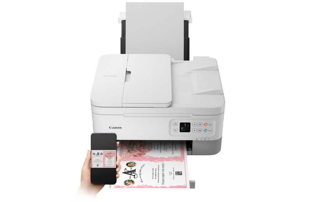 Urządzenie wielofunkcyjne CANON Pixma TS7451i Druk w kolorze, Automatyczny druk dwustronny, Wi-Fi urządzenie od przodu na białym tle ręka trzymająca telefon prędkość funkcje zmiana rozmiaru automatyczne dopasowanie do strony kopiowanie wielokrotne sortowanie ADF skalowanie ułatwienie edycji dokumentów