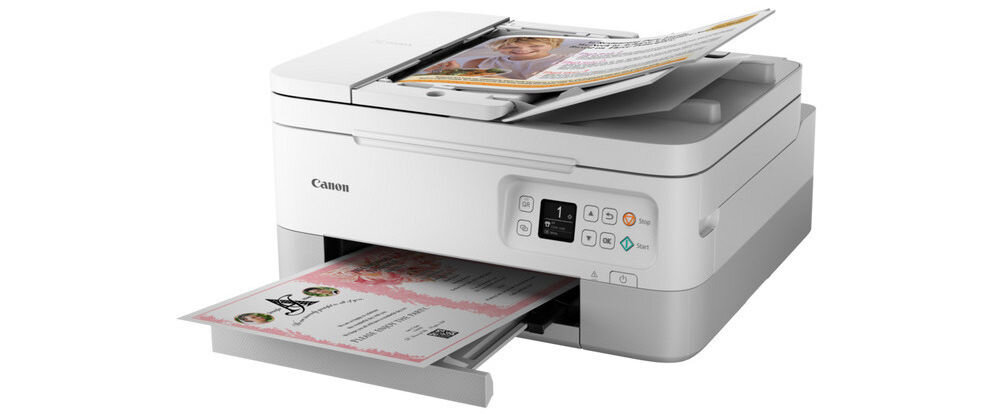 Urządzenie wielofunkcyjne CANON Pixma TS7451i Druk w kolorze, Automatyczny druk dwustronny, Wi-Fi prezentacja urządzenia na białym tle pod kątem technologia FINE dwie kasety wyraźne teksty żywe barwy prosty proces przygotowywania wydruków oszczędność czasu