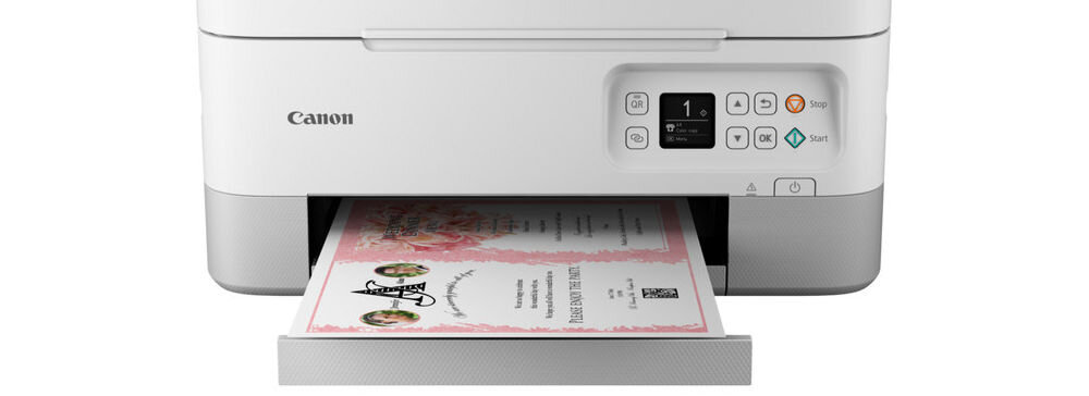 Urządzenie wielofunkcyjne CANON Pixma TS7451i Druk w kolorze, Automatyczny druk dwustronny, Wi-Fi  zbliżenie na wydruk telefon trzymany w dłoni jakość druku, rozdzielczość, wyraźne wydruki dokumentów pisma biurowe