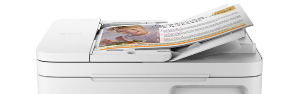 Urządzenie wielofunkcyjne CANON Pixma TS7451i Druk w kolorze, Automatyczny druk dwustronny, Wi-Fi  zbliżenie na górną część urządzenia ADF automatyczny podajnik dokumentów pojemność eliminacja konieczności ręcznego układania każdej strony na szybie skanera oszczędność czasu