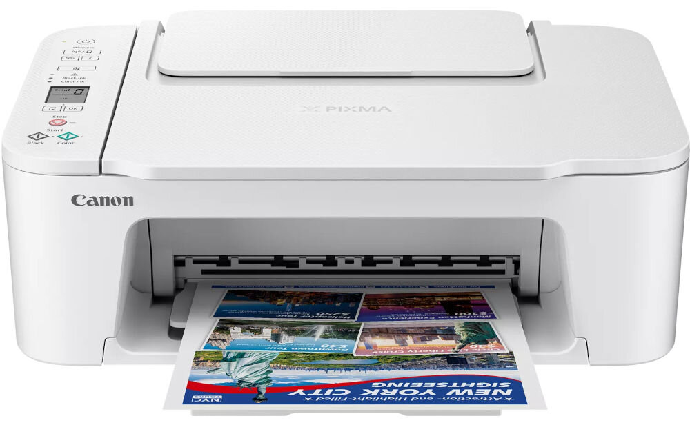 Urządzenie wielofunkcyjne CANON Pixma TS3751i Druk w kolorze, Wi-Fi  prezentacja urządzenia na białym tle od przodu technologia FINE dwie kasety wyraźne teksty żywe barwy prosty proces przygotowywania wydruków oszczędność czasu