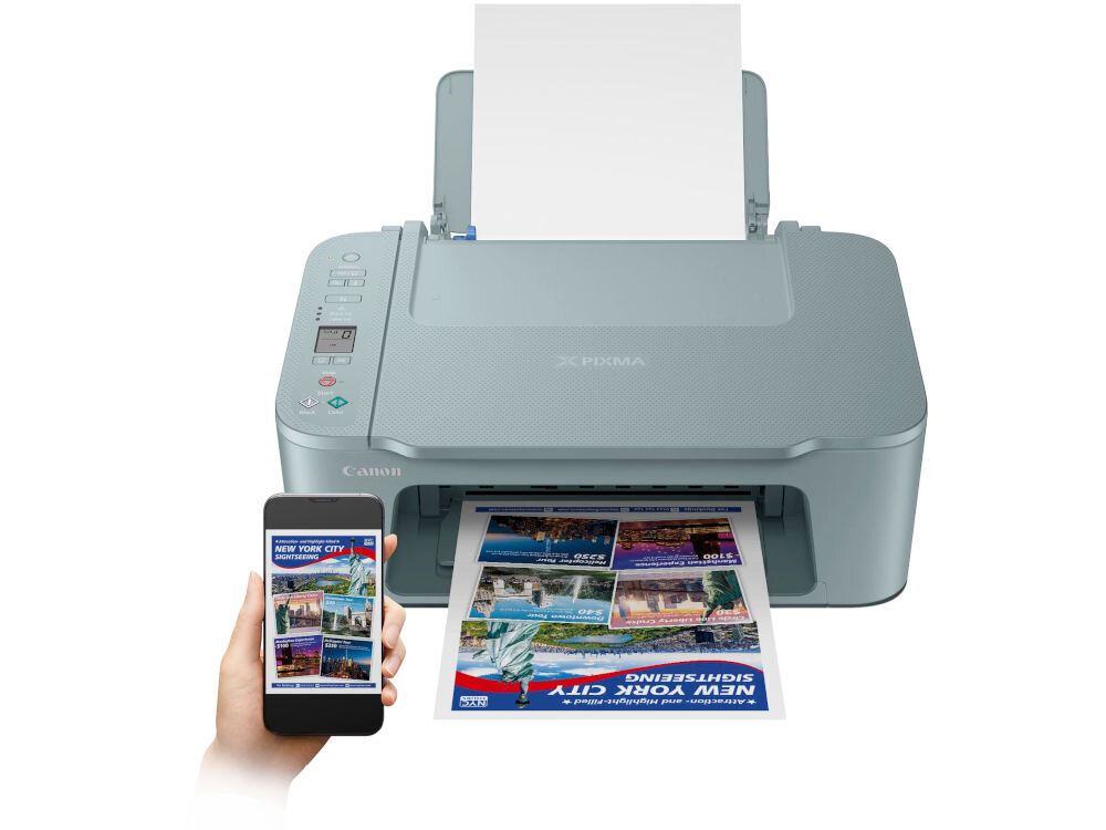 Urządzenie wielofunkcyjne CANON Pixma TS3752i Druk w kolorze, Wi-Fi  prezentacja urządzenia na białym tle od przodu ręka z telefonem kasety FINE w zestawie