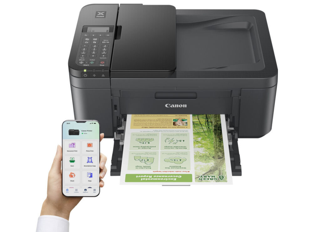 Urządzenie wielofunkcyjne CANON Pixma TR4755i Druk w kolorze, Automatyczny druk dwustronny, Wi-Fi prezentacja drukarki na białym tle z nadrukowanymi kartkami obok ręka trzymająca telefon z włączoną aplikacją łączność Wi-Fi technologia Wireless Direct bezpośrednie połączenie z urządzeniami mobilnymi AirPrint dla iOS Mopria dla Android Canon Print zarządzanie drukiem