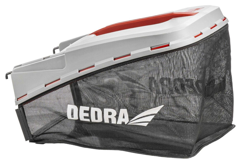 Kosiarka spalinowa DEDRA DED8724Q-46L z napędem 46 cm 2.9 kW rozłożony kosz na białym tle siatkowy kosz o pojemności 60 l aerodynamiczne prowadzenie powietrza duży otwór i praktyczna pokrywa z tworzywa sztucznego wskaźnik naładowania kosza