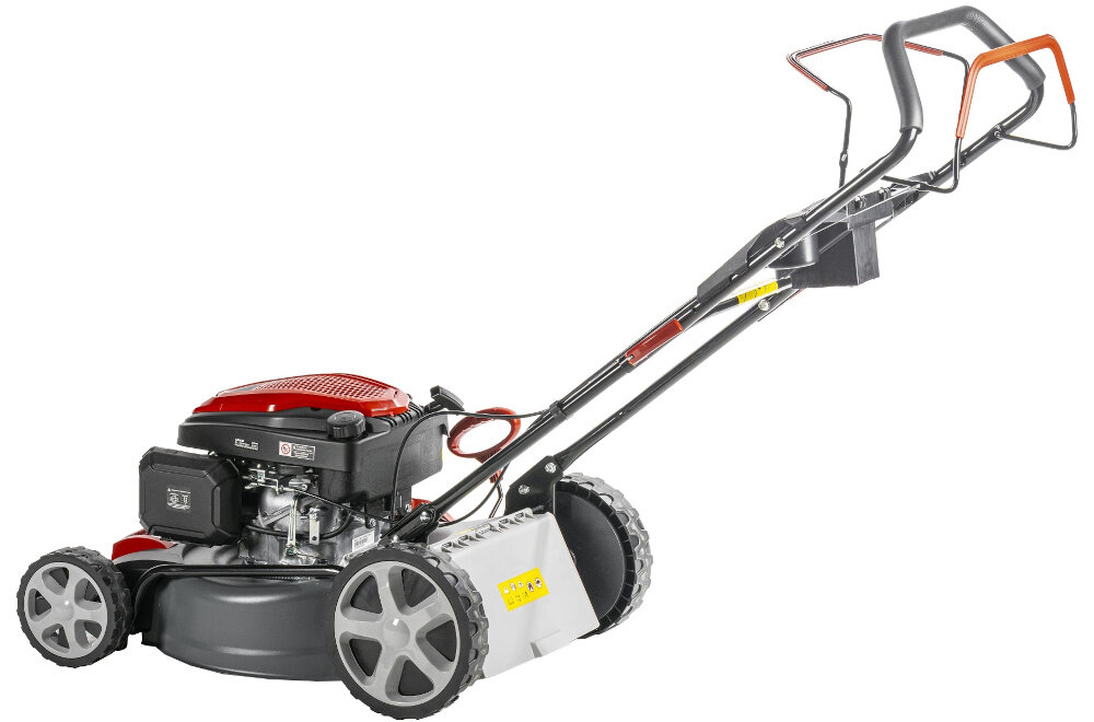 Kosiarka spalinowa DEDRA DED8724Q-46L z napędem 46 cm 2.9 kW kosiarka bez kosza na białym tle z wytrzymałej stali odporność na uderzenia i działanie warunków atmosferycznych waga 34 kg