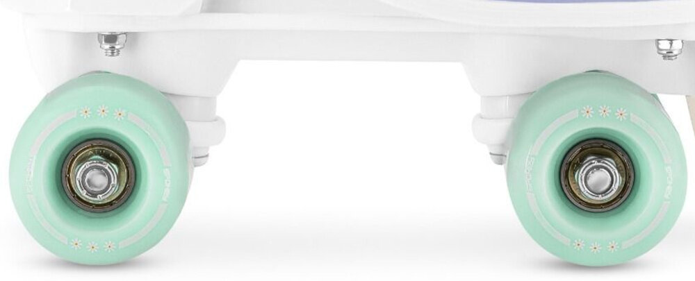 Wrotki SPOKEY Queenie 944654 (rozmiar 35-38) zbliżenie na kołka kółka PU o twardości 82A i wymiarach 54 × 32 mm stabilna jazda dobra przyczepność na różnych nawierzchniach wysoki komfort równowagę precyzyjne prowadzenie