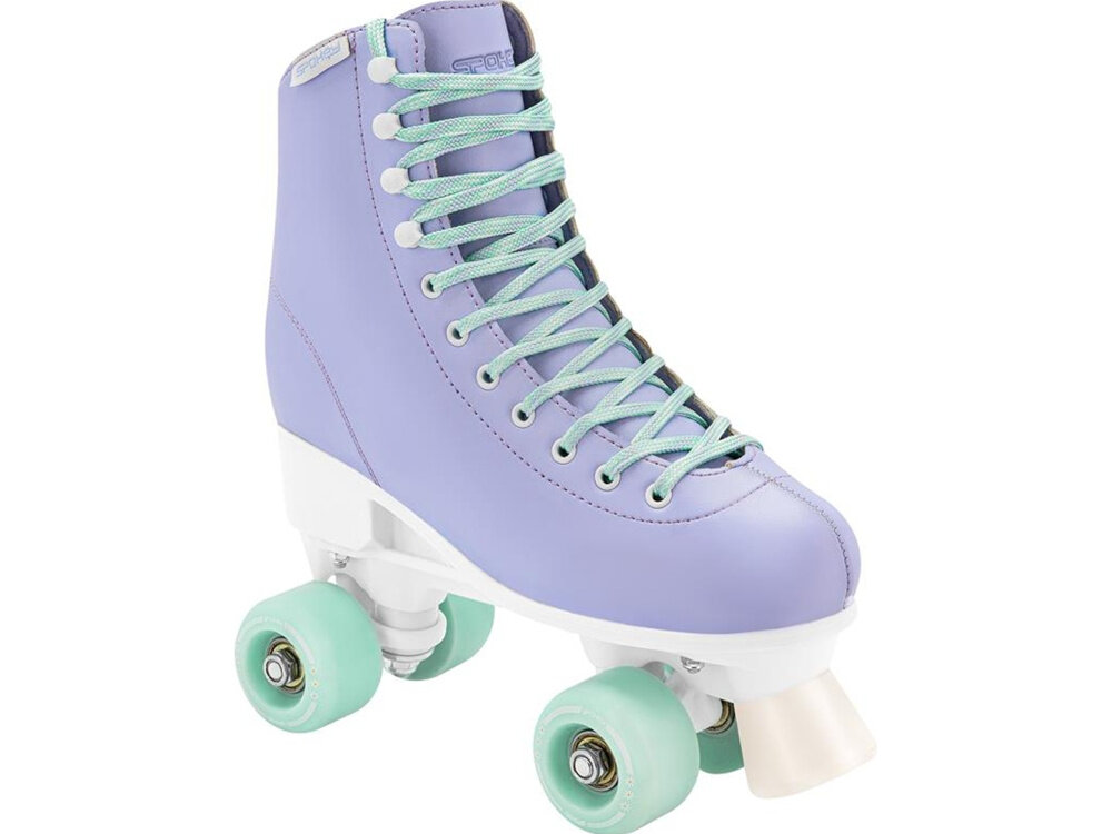 Wrotki SPOKEY Queenie 944656 (rozmiar 39-42) białe tło wrotka widoczna od przodu pod skosem dla początkujących i średniozaawansowanych rolkarzy maksymalna waga użytkownika do 100 kg dla dzieci młodzieży i dorosłych regulowany rozmiar wysokiej jakości materiały uniwersalne zastosowanie