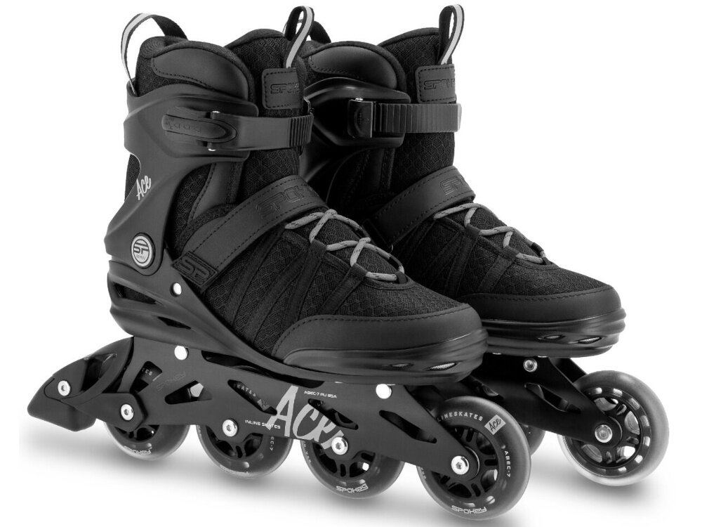Łyżworolki SPOKEY Ace (rozmiar 41) para łyżworolek na białym tle widok z boku do rekreacyjnej jazdy dla początkujących i średniozaawansowanych użytkowników płynne przemieszczanie się poprawiają kondycję koordynację ruchową lekka konstrukcja stabilna płoza dla osób o maksymalnej wadze do 100 kg