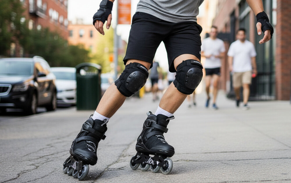 Łyżworolki SPOKEY Ace (rozmiar 40) miasto ulica chodnik osoba jedzie na łyżworolkach po chodniku w tle ludzie budynki niebo rekreacyjna jazda płynność przyjemność hobby