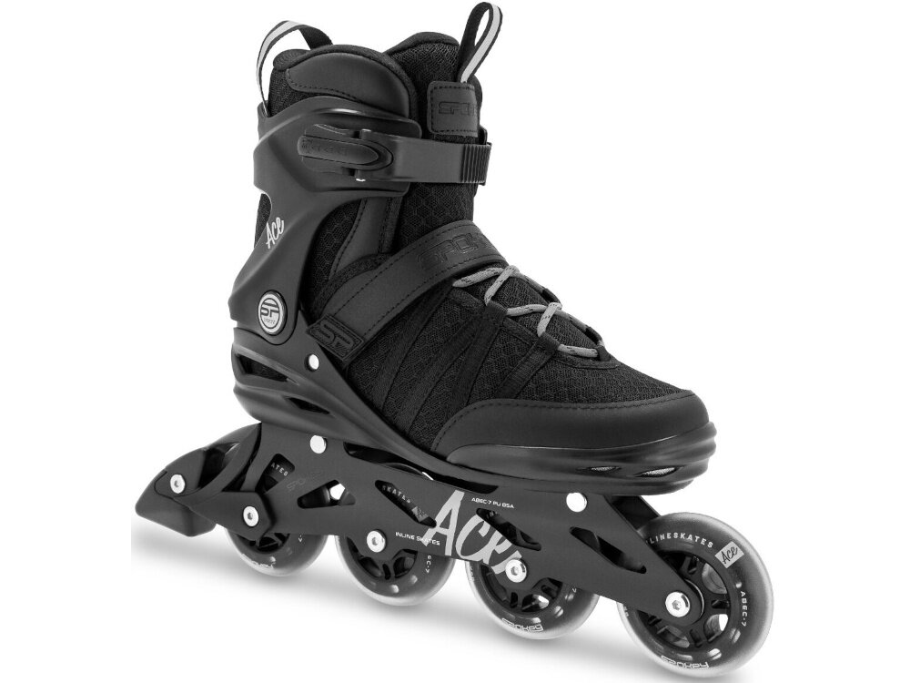 Łyżworolki SPOKEY Ace (rozmiar 40) jedna łyżworolka widoczna od przodu pod skosem białe tło but semi-soft miękkość elastyczność odpowiednie wsparcie stopy rozmiar 40 długość wkładki 256 mm komfortowe dopasowanie dla średniej wielkości stóp