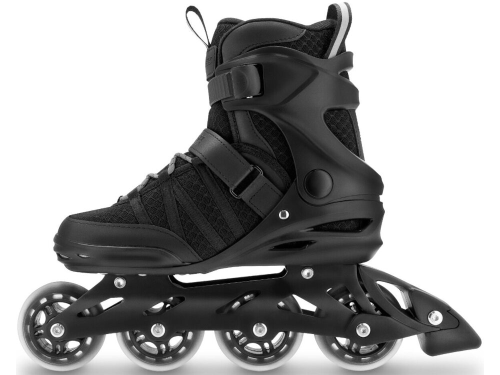 Łyżworolki SPOKEY Ace (rozmiar 45) jedna łyżworolka widoczna z boku białe tło lekka i trwała aluminiowa płoza trwałość równomierne rozłożenie sił odporność na uszkodzenia mechaniczne i korozję lepsza kontrola nad ruchem rolki są bardziej wytrzymałe i wygodniejsze