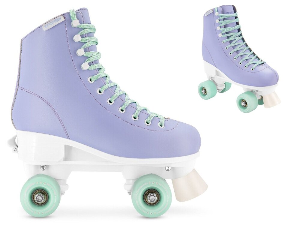 Wrotki SPOKEY Queenie 944634 (rozmiar 30-34) białe tło wrotka w dwóch ujęciach widok do przodu pod skosem i z boku można rozwijać pasję do jazdy rekreacyjnej regulowany rozmiar 30–34 rolki rosną razem z dzieckiem oszczędność pieniędzy komfortowa jazda przez dłuższy czas rozwój równowagi i koordynacji