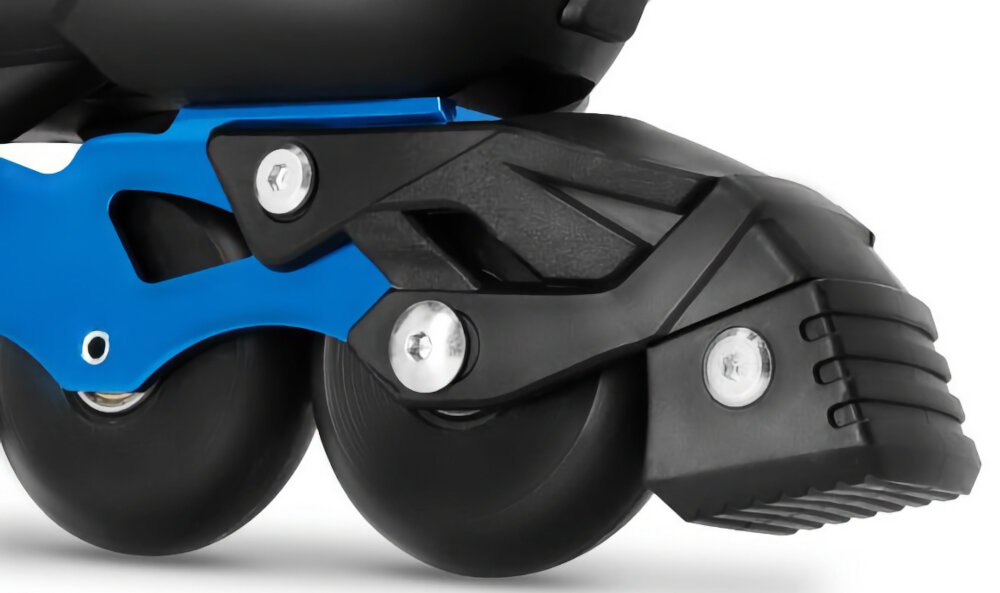 Łyżworolki SPOKEY Freespo Junior 944660 (rozmiar 35-38) zbliżenie na hamulec hamulec nożny TPR pełna kontrola nad zatrzymywaniem się można precyzyjnie regulować prędkość pewnie manewrować minimalizując ryzyko wypadków zwiększając komfort jazdy dla dzieci o maksymalnej wadze do 60 kg