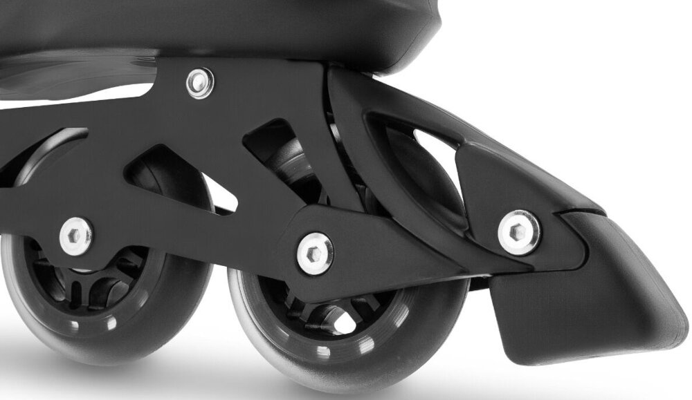 Łyżworolki SPOKEY Ace (rozmiar 38) zbliżenie na hamulec hamulec nożny TPR pełna kontrola nad zatrzymywaniem się precyzyjnie regulować prędkość elementy odblaskowe zwiększają widoczność po zmroku bezpieczeństwo użytkownik może pewnie manewrować