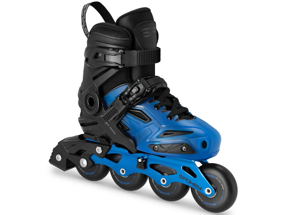 Łyżworolki SPOKEY Freespo Junior 944658 (rozmiar 31-34) jedna łyżworolka na białym tle widoczna od przodu pod skosem do jazdy rekreacyjnej dla dzieci na poziomie początkującym i średniozaawansowanym bezpieczne poznawanie podstaw jazdy nauka utrzymywania równowagi stopniowe rozwijanie umiejętności ruchowych wspiera aktywność fizyczną poprawia kondycję i koordynację spędzania czasu na świeżym powietrzu