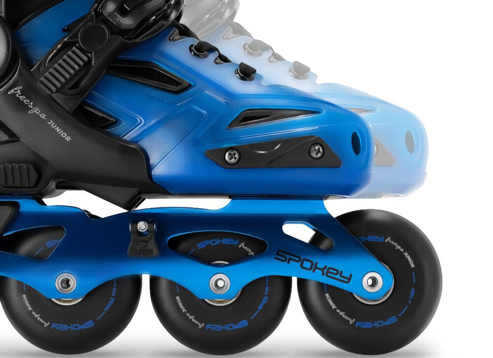 Łyżworolki SPOKEY Freespo Junior 944658 (rozmiar 31-34) zbliżenie na przód symulacja regulacji rozmiaru system regulacji rozmiaru dopasowanie rolek do rosnącej stopy dziecka w zakresie 31–34 jeden zestaw może być używany przez kilka sezonów odpowiednie dopasowanie zwiększa komfort jazdy stabilność stopy