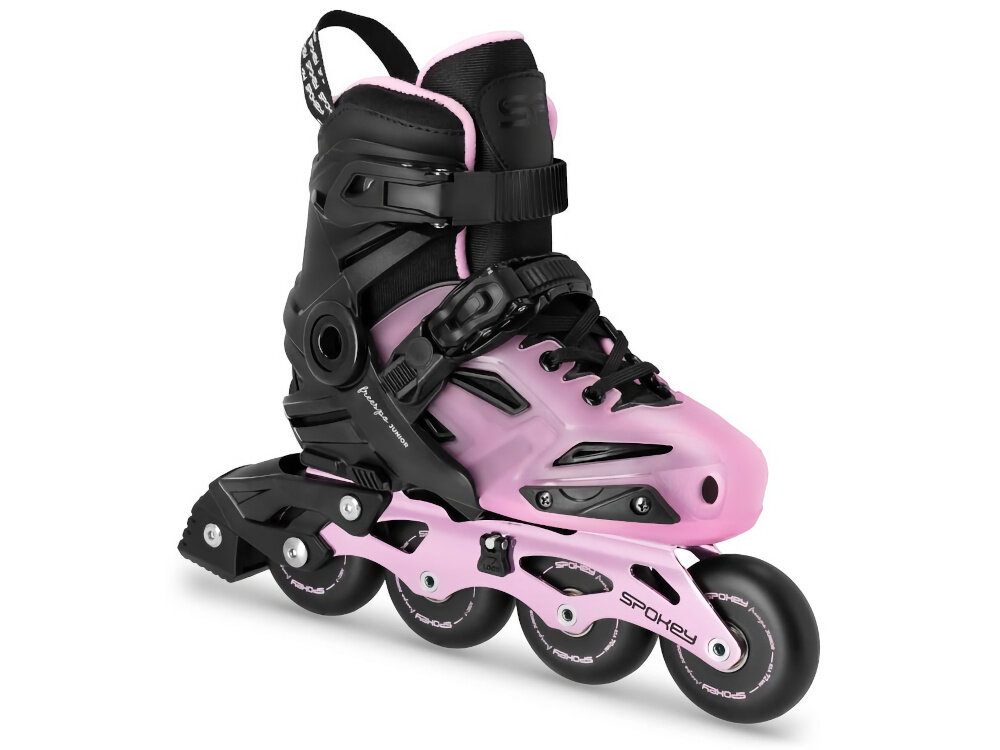 Łyżworolki SPOKEY Freespo Junior 944662 (rozmiar 31-34) jedna łyżworolka na białym tle widoczna od przodu pod skosem do jazdy rekreacyjnej dla dzieci na poziomie początkującym i średniozaawansowanym bezpieczne poznawanie podstaw jazdy nauka utrzymywania równowagi stopniowe rozwijanie umiejętności ruchowych wspiera aktywność fizyczną poprawia kondycję i koordynację spędzania czasu na świeżym powietrzu