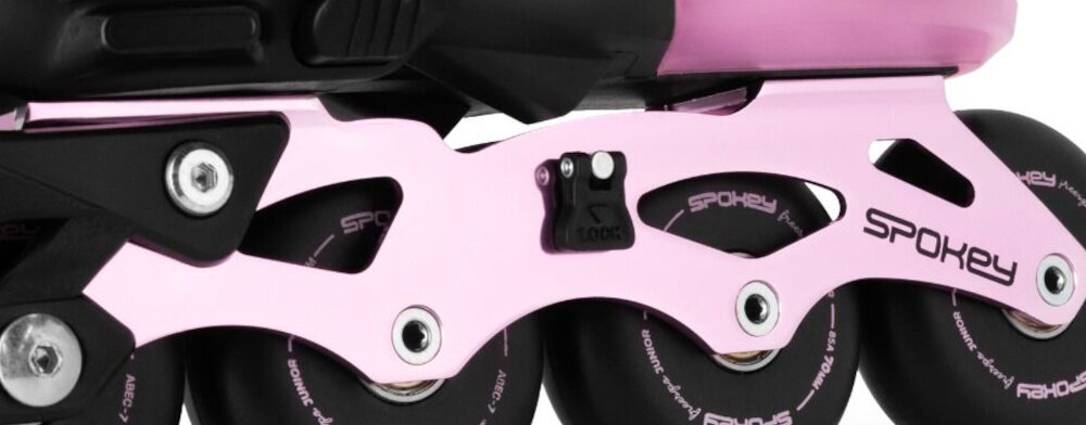 Łyżworolki SPOKEY Freespo Junior 944662 (rozmiar 31-34) zbliżenie na płozę aluminiowa płoza wykonana metodą CNC i anodowaną wysoką odporność na uszkodzenia mechaniczne i działanie warunków atmosferycznych ułatwia manewrowanie i zmniejsza obciążenie nóg większy komfort łatwiejsze wykonywanie skrętów