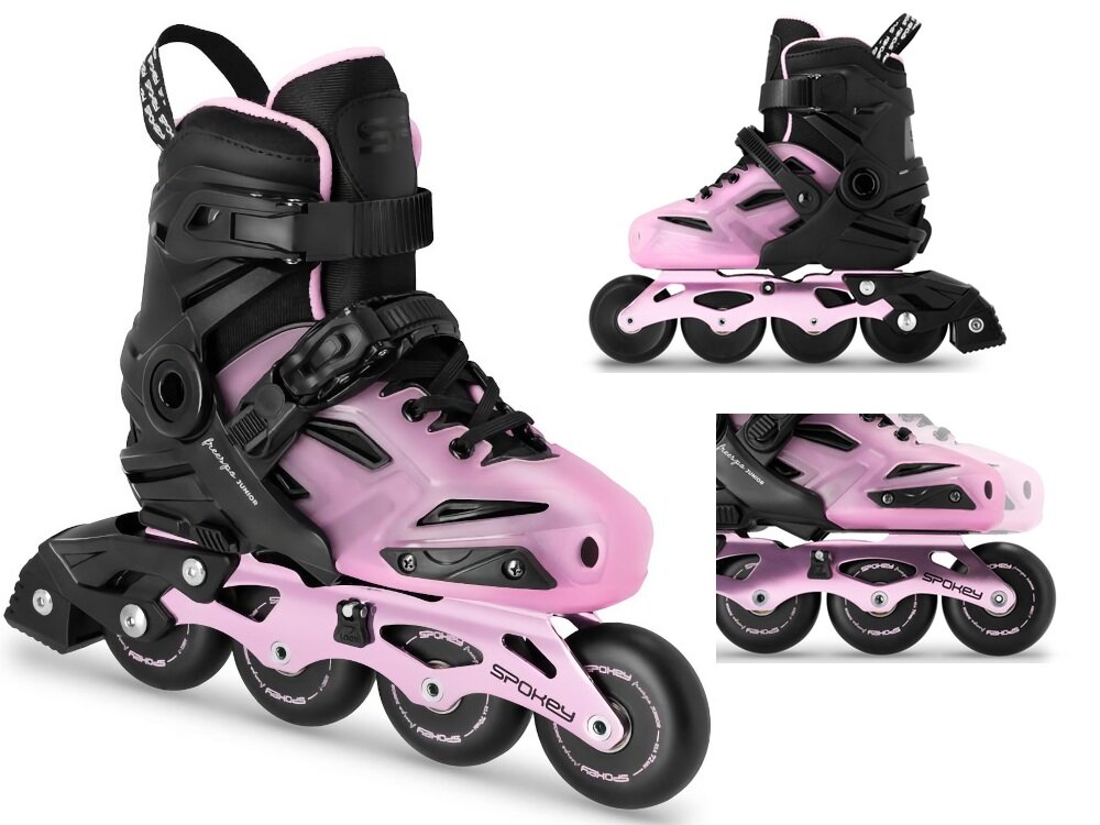 Łyżworolki SPOKEY Freespo Junior 994626 (rozmiar 27-30) łyżworolka na białym tle widoczne od przodu pod skosem obok łyżworolka widoczna z boku zbliżenie na przód symulacja regulacji rozmiaru z aktywność jazda na łyżworolkach zabawa pasja hobby
