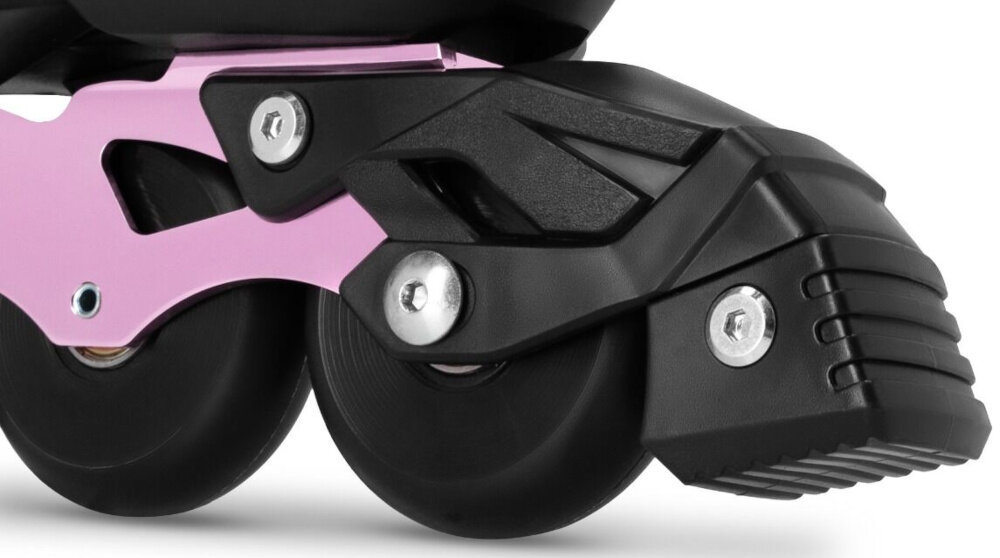 Łyżworolki SPOKEY Freespo Junior 994626 (rozmiar 27-30) zbliżenie na hamulec hamulec nożny TPR pełna kontrola nad zatrzymywaniem się można precyzyjnie regulować prędkość pewnie manewrować minimalizując ryzyko wypadków zwiększając komfort jazdy dla dzieci o maksymalnej wadze do 60 kg