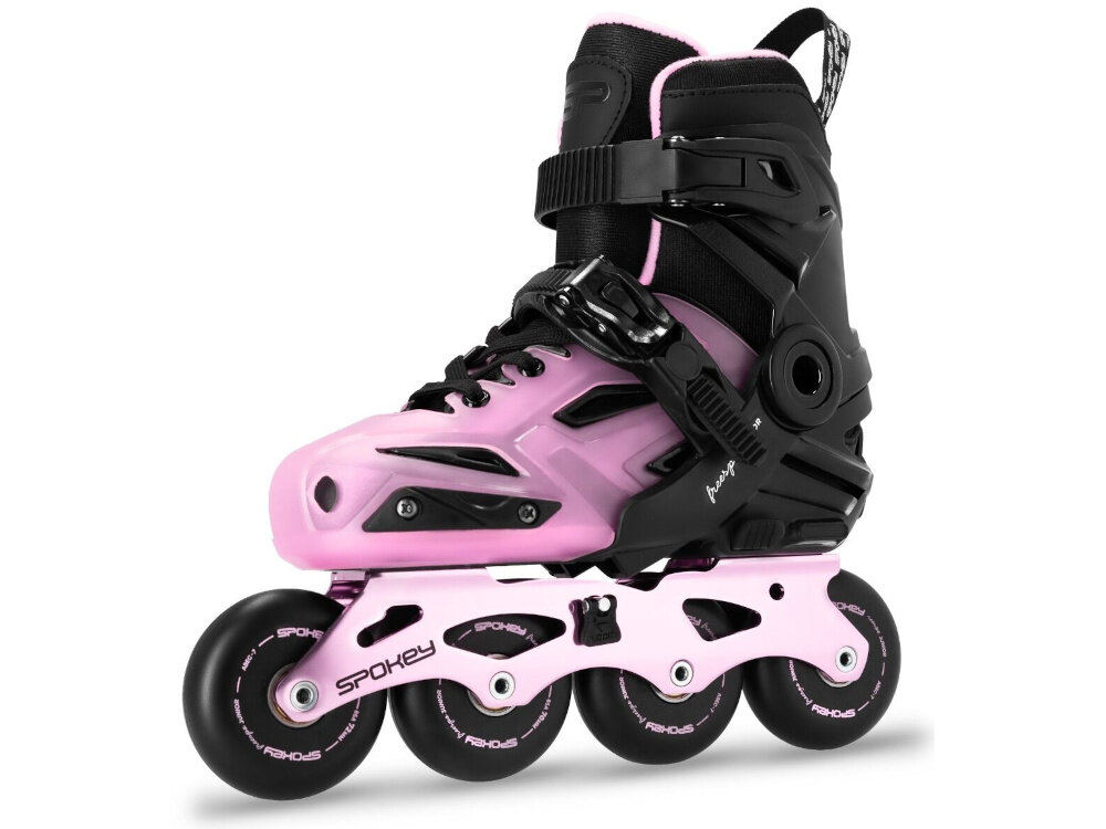 Łyżworolki SPOKEY Freespo Junior 994626 (rozmiar 27-30) jedna łyżworolka na białym tle widoczna od przodu pod skosem twarda obudowa typu hard-shell usztywnia stopę i chroni kostkę zmniejsza ryzyko niekontrolowanych ruchów ułatwia naukę jazdy poprawia kontrolę nad rolkami większe bezpieczeństwo lepsze przenoszenie energii na płozy